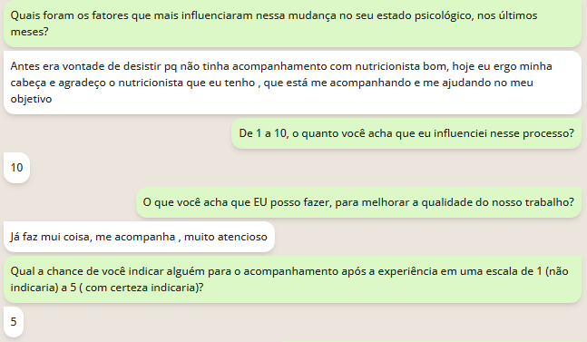 Formulário de feedback: paciente dá nota 10 ao nutricionista e intenção máxima de indicação (5 de 5)